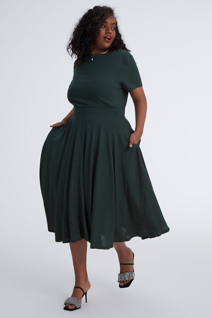 Green Linen Midi Swing Dress - Boat Neck Pockets | Xiaolizi 3399