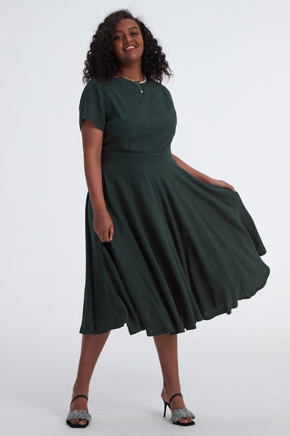 Green Linen Midi Swing Dress - Boat Neck Pockets | Xiaolizi 3399