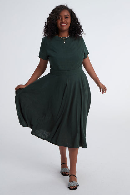 Green Linen Midi Swing Dress - Boat Neck Pockets | Xiaolizi 3399