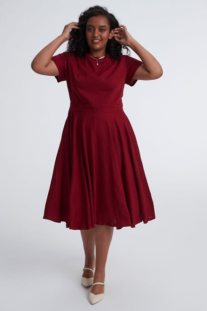 Wine Red Linen Midi Swing Dress - Boat Neck Pockets | Xiaolizi 3400
