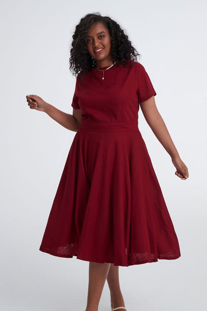 Wine Red Linen Midi Swing Dress - Boat Neck Pockets | Xiaolizi 3400