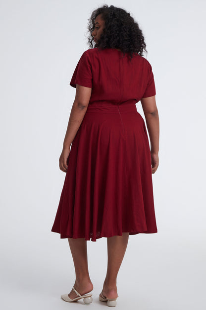 Wine Red Linen Midi Swing Dress - Boat Neck Pockets | Xiaolizi 3400