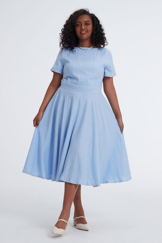 Plus size Blue Linen swing dress 3401#