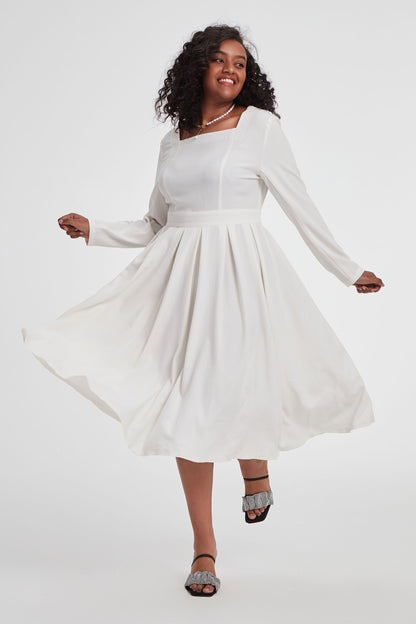 White Linen Midi Dress - Square Neck Long Sleeve Pleated | Xiaolizi 3402