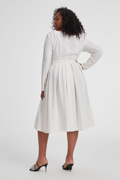 White Linen Midi Dress - Square Neck Long Sleeve Pleated | Xiaolizi 3402