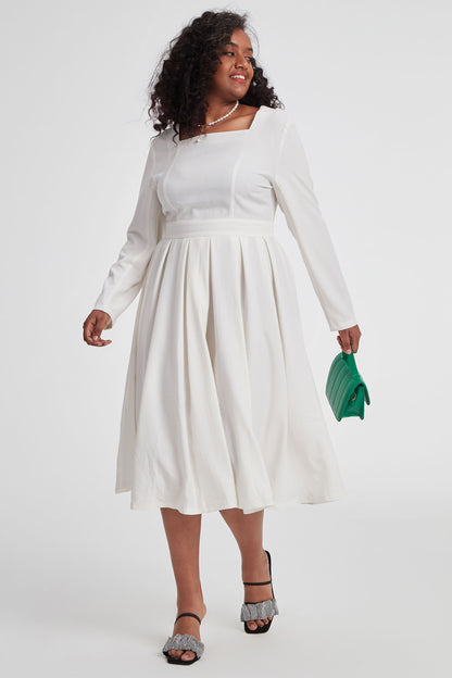 White Linen Midi Dress - Square Neck Long Sleeve Pleated | Xiaolizi 3402