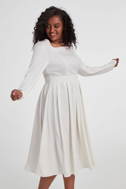 White Linen Midi Dress - Square Neck Long Sleeve Pleated | Xiaolizi 3402