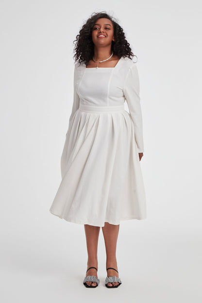 White Linen Midi Dress - Square Neck Long Sleeve Pleated | Xiaolizi 3402