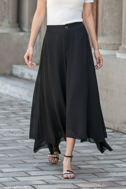 Black Chiffon Wide Leg Casual Loose Pant Skirt 3433