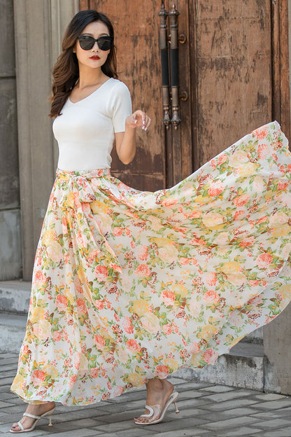 Summer Floral Long Chiffon Elastic Waist Skirt 3435