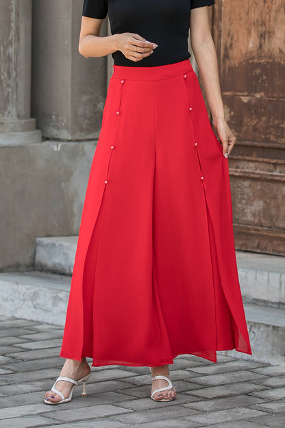 Red Chiffon Wide Leg Pants - High Waisted with Split Detail 3445