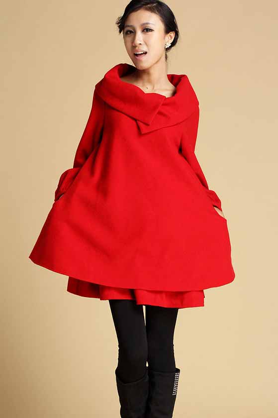 Red Wool Mini Winter Dress with big collar 0349#