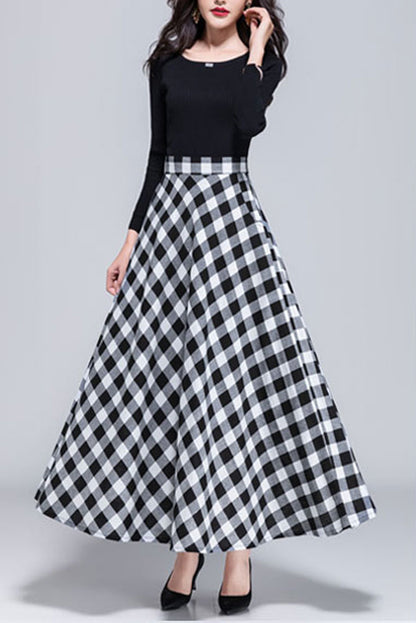 Black & White Plaid Linen Maxi Skirt - A-Line Swing Silhouette 3054