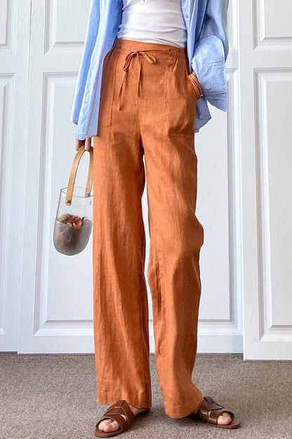 Rust Brown Linen Wide Leg Pants - Elastic Waist, Side Pockets 3506