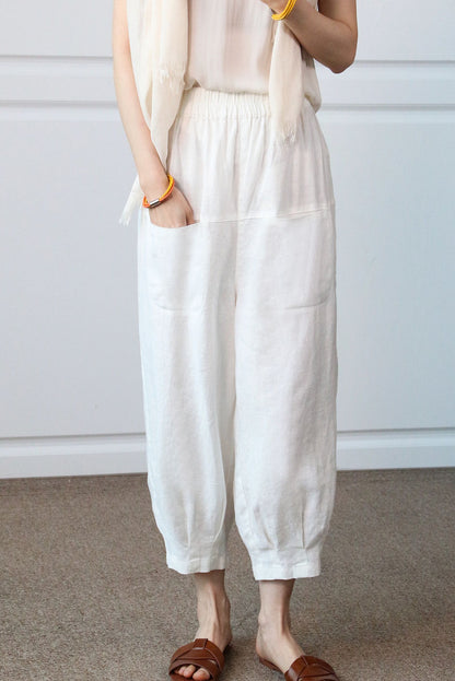 Brown Linen Wide Leg Cropped Pants - Elastic Waist, Front Pockets 3507