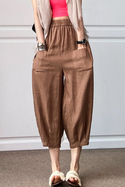 Brown Linen Wide Leg Cropped Pants - Elastic Waist, Front Pockets 3507