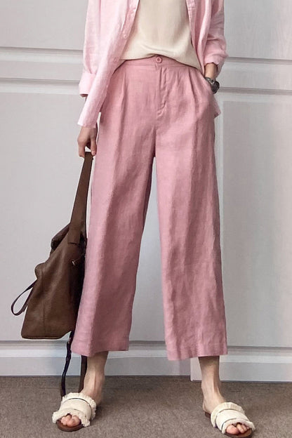 Pink Linen Wide Leg Pants - Elastic Waist, Casual Comfort 3508