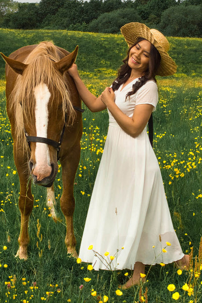 White Chiffon Midi Dress - Empire Waist with Cap Sleeves 3648