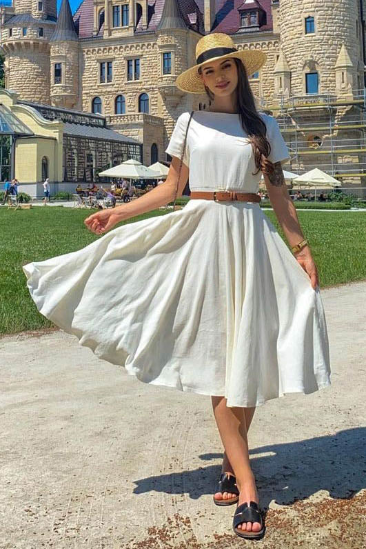 Beige Short Sleeve Midi Women Linen Dress 3718