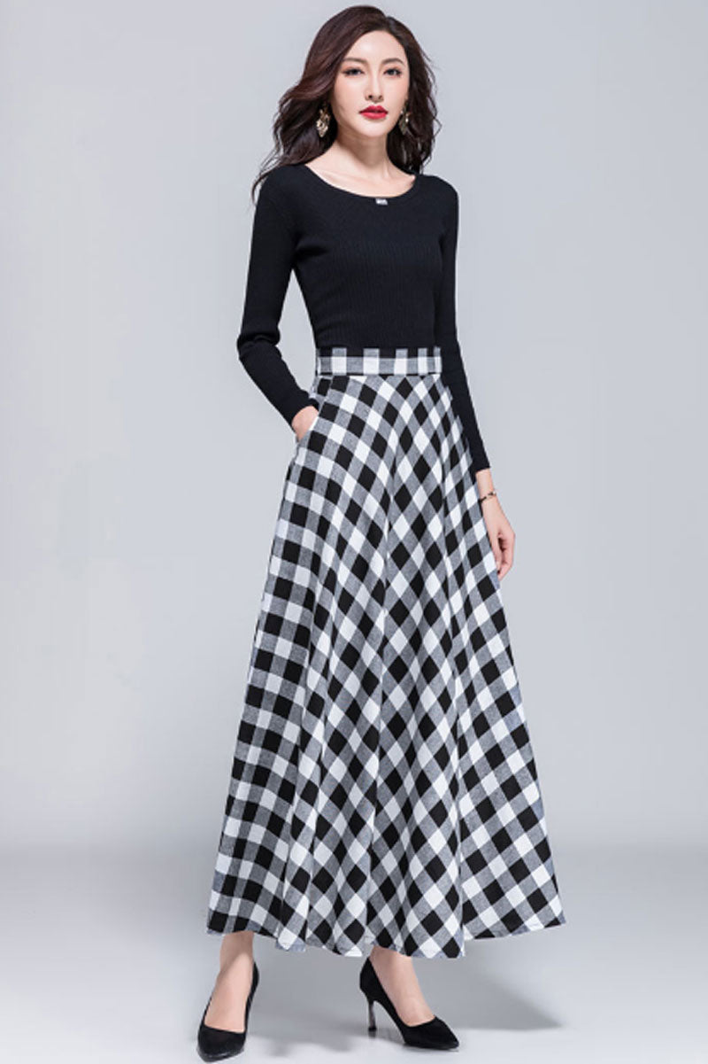 Women White Plaid Maxi Linen Skirt 3054