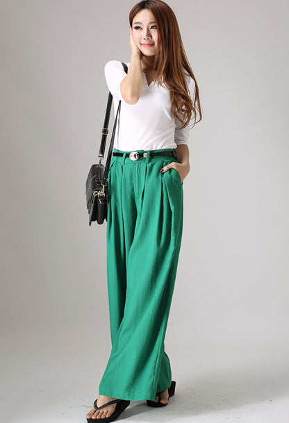 Kelly Green Linen Cotton Wide Leg Pants - Palazzo A-Line | Xiaolizi 840