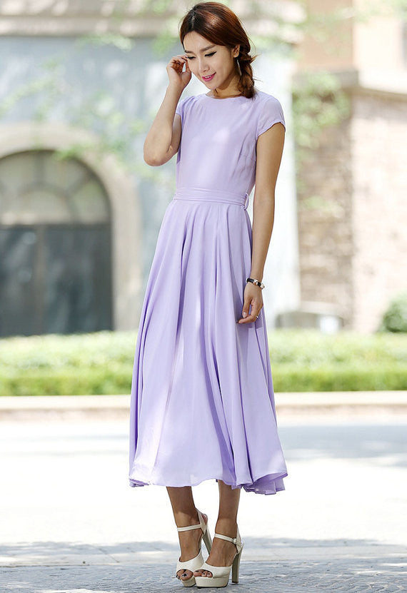 Feminine Maxi Dress Light Purple Chiffon, Gathered Skirt 1030 Purple / Custom Order Feminine Maxi Dress Light Purple Chiffon, Gathered Skirt 1030 Purple / Custom Order