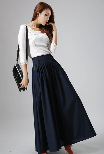 Navy Linen Maxi Skirt - Pleated Waist Side Pockets | Xiaolizi 815