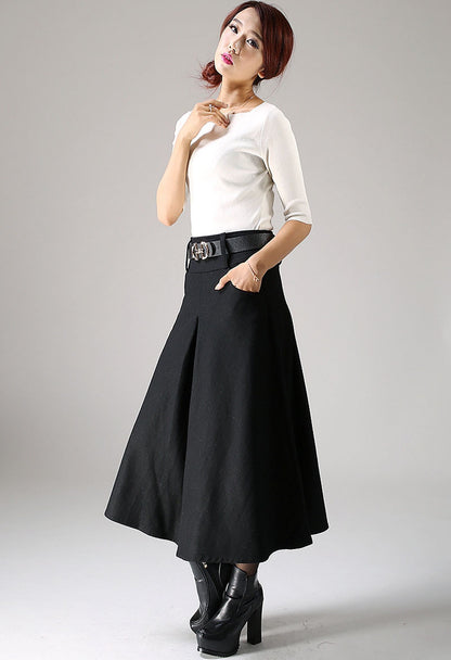 Black Wool Midi Skirt - High-Waisted A-Line Culotte with Belt 1084