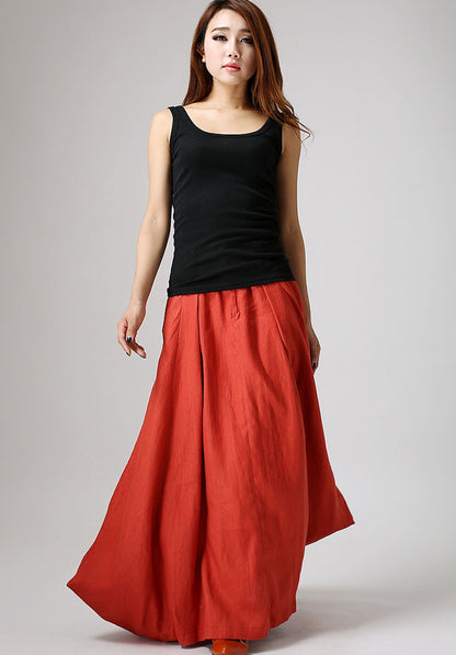 Women’s Handmade Linen Maxi Skirt – Orange Asymmetrical Flowy Skirt | Xiaolizi 0896