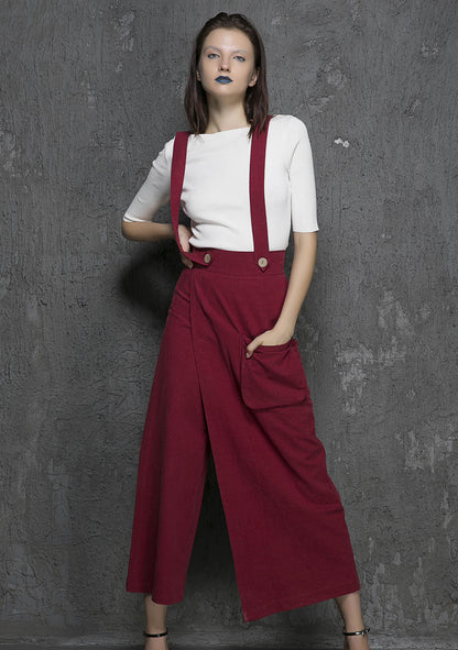 Wine Red Linen Maxi Suspender Pants - Relaxed Fit with Patch Pocket 1327