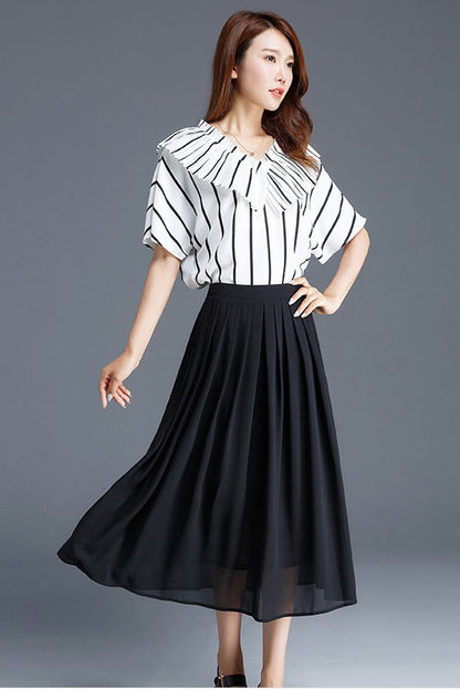 White Chiffon Midi Circle Skirt - Soft Pleated Swing 2901