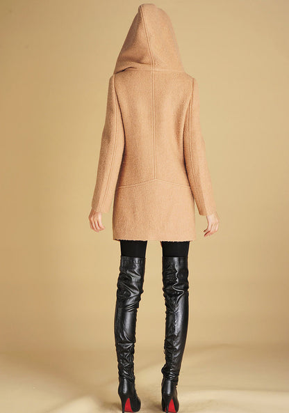 Camel Asymmetrical Wool Coat – Modern Short Winter Coat with Oversized Collar | Xiaolizi 436