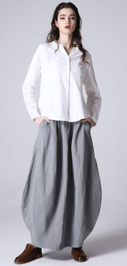 Light Grey Linen Bubble Skirt - Pleated Midi with Pockets 1192