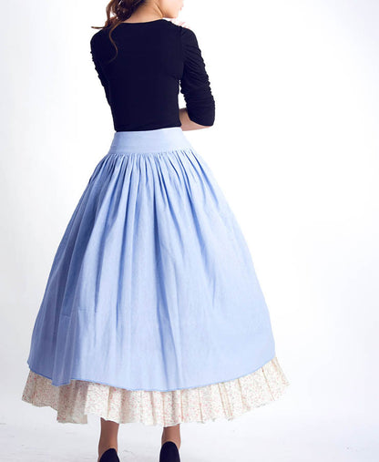 Handmade Blue Linen Cotton Skirt – Vintage Layered A-Line Maxi Skirt with Pockets | Xiaolizi 0045