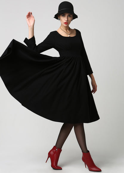 Black Wool Midi Dress – Handmade Vintage Winter Long Sleeve 1126