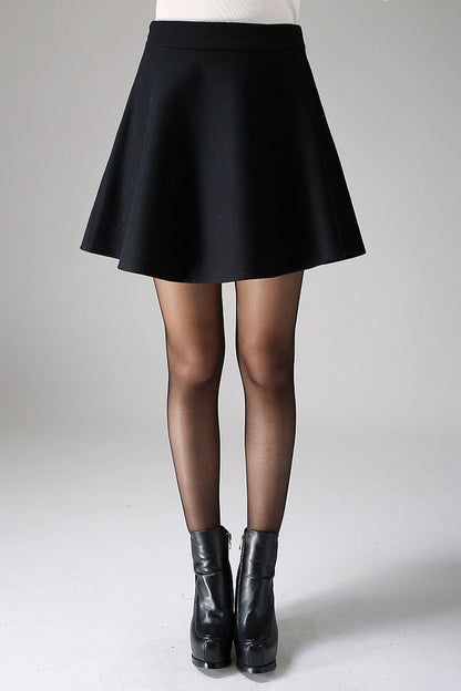 Black Wool Blend Mini Skirt - High Waisted A-Line Pleated 1101