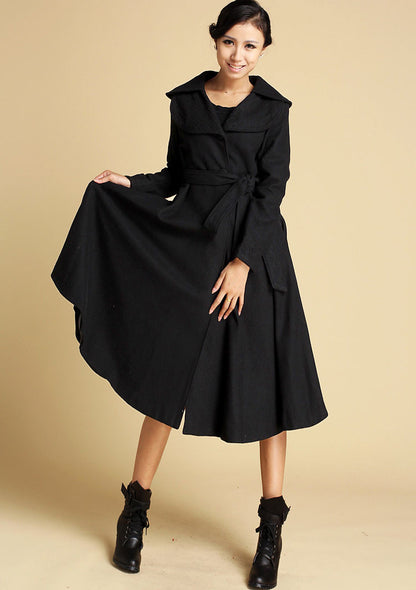 Black Wool Coat - Double Folded Collar with Self-Tie Waist 2113199813