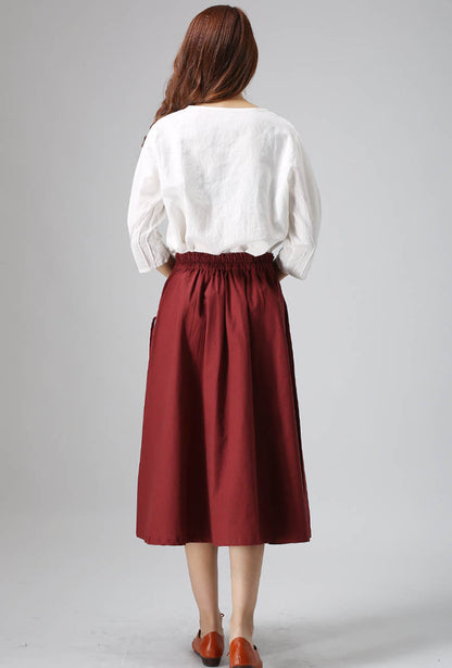Wine Red Linen Midi Skirt - Pleated Detail with Back Elastic Waist 814