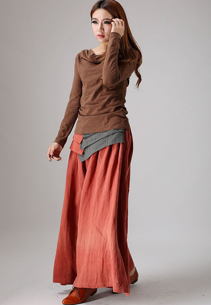 Orange Linen Maxi Skirt - Pleated, Regular Fit 856