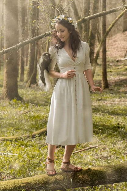 White Linen Cotton Midi Dress - Deep V-Neck A-Line | Xiaolizi 2738