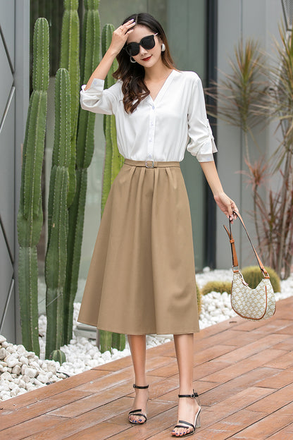 Khaki Polyester Midi Skirt - High Waisted Pleated Detail 3535