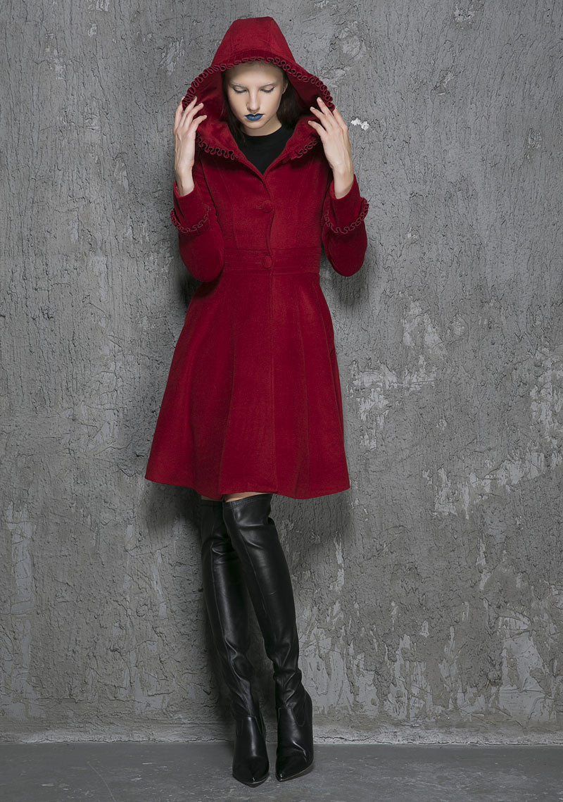 Wine red wool coat winter women coat hooded coat (1354)