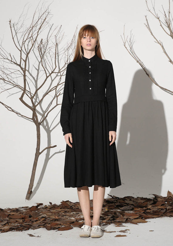 black midi shirt dress Black Linen Midi Shirt Dress with Pleated Front Detail – Xiaolizi