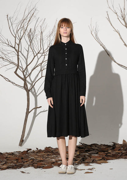 Black Linen Midi Shirt Dress - Pleated Front, Regular Fit 1163