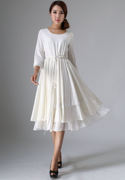 White Linen Blend Midi Dress - Drawstring Waist, Lace Detail 960