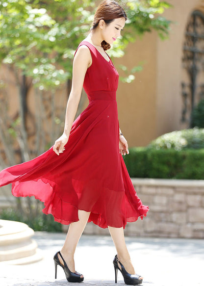Wine Red Chiffon Maxi Dress - Flowy Sleeveless Elegant Silhouette 1005
