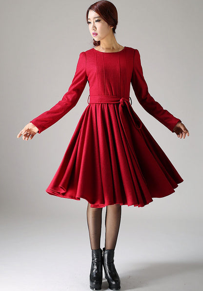 Red Wool Blend Midi Dress - Pleated Skirt with Tie Waist 1082
