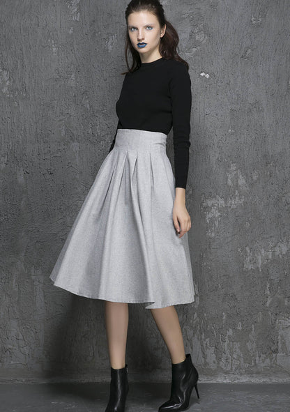 Light Grey Wool Pleated Midi Skirt - High Waisted Elegance 1340