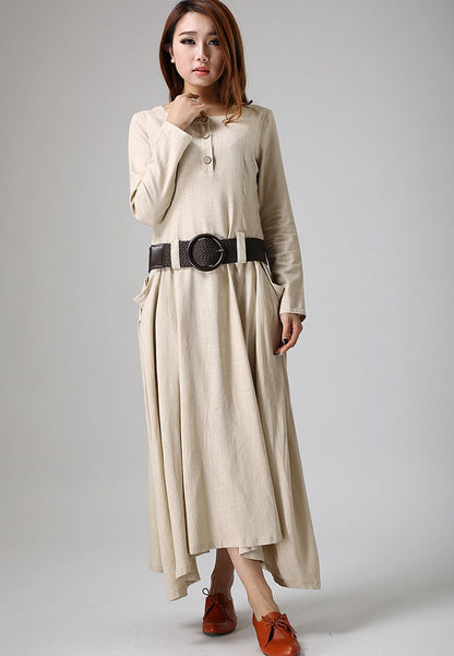 Cream Linen Maxi Dress - Two Large Pockets with Belt Detail 889