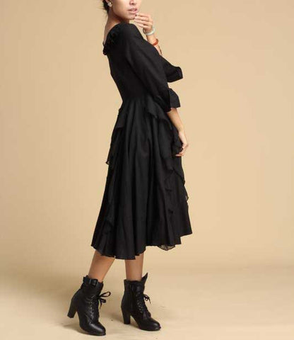 Black Linen Maxi Dress - Deep V-Neck and Pleated Ruffle Skirt 317